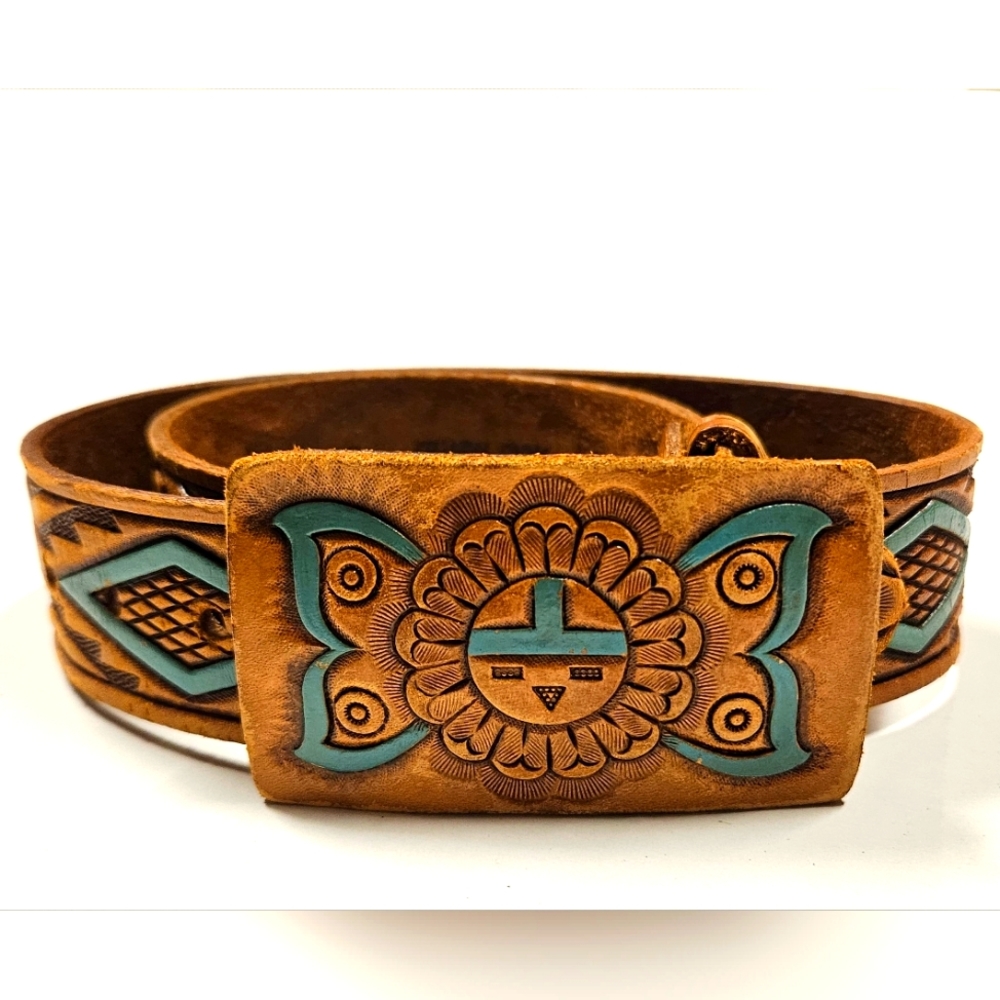 Vintage tooled leather hand painted Turquoise painted native American belt